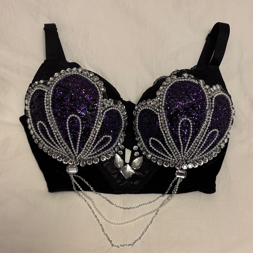 Glitter Mermaid Costume Bra Black and Purple Embellished Bra 32DD